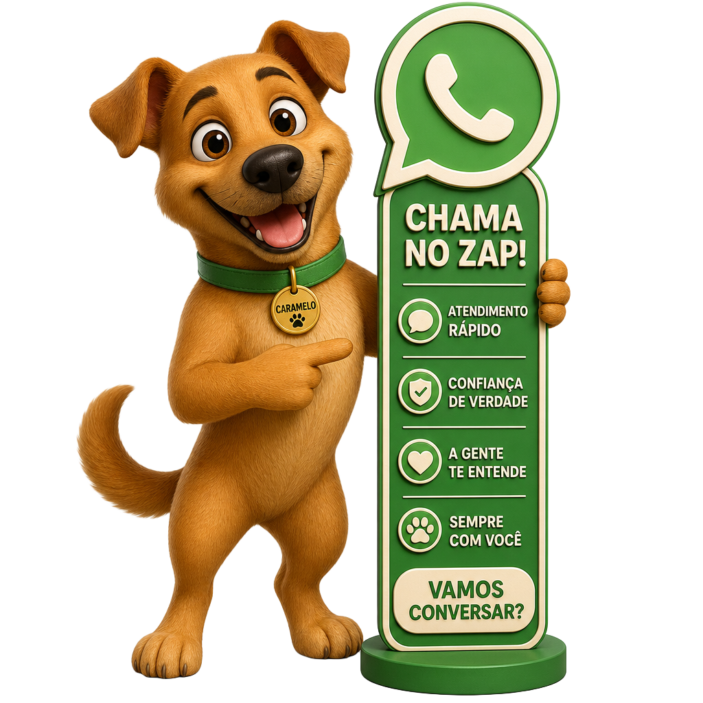Caramelo ao lado de um totem do WhatsApp