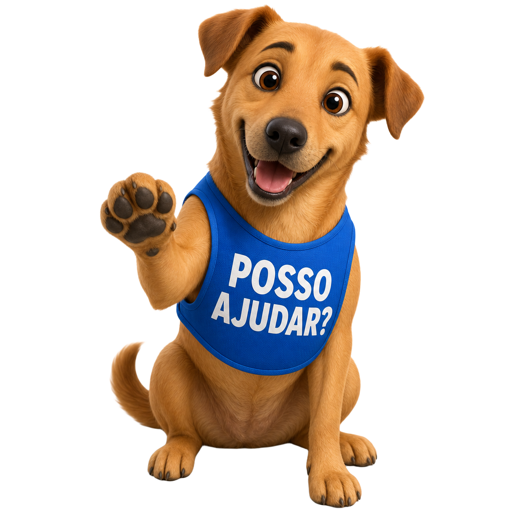 Caramelo com colete azul escrito POSSO AJUDAR? levantando a patinha