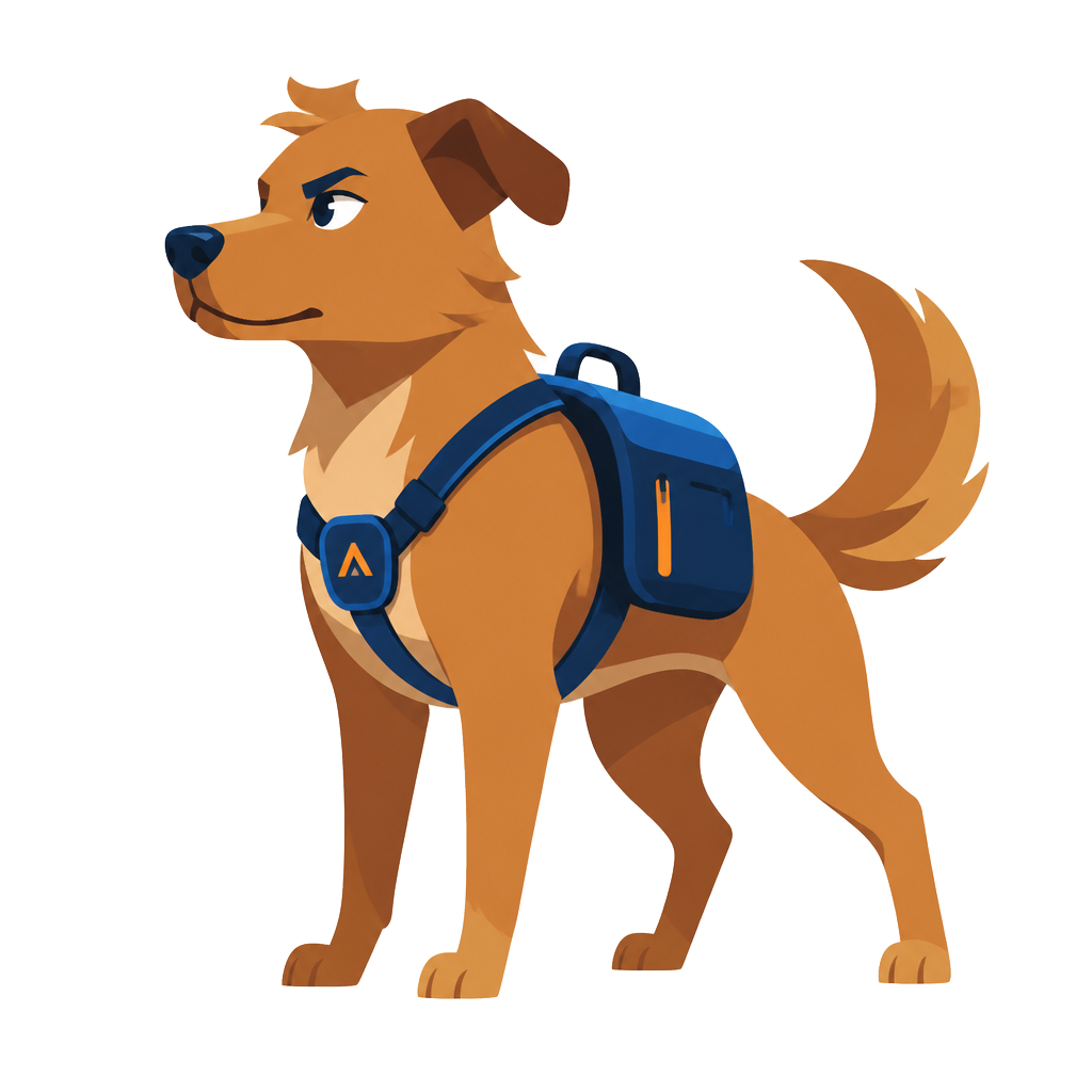 Mascote caramelo com mochila de tecnologia, olhando decidido